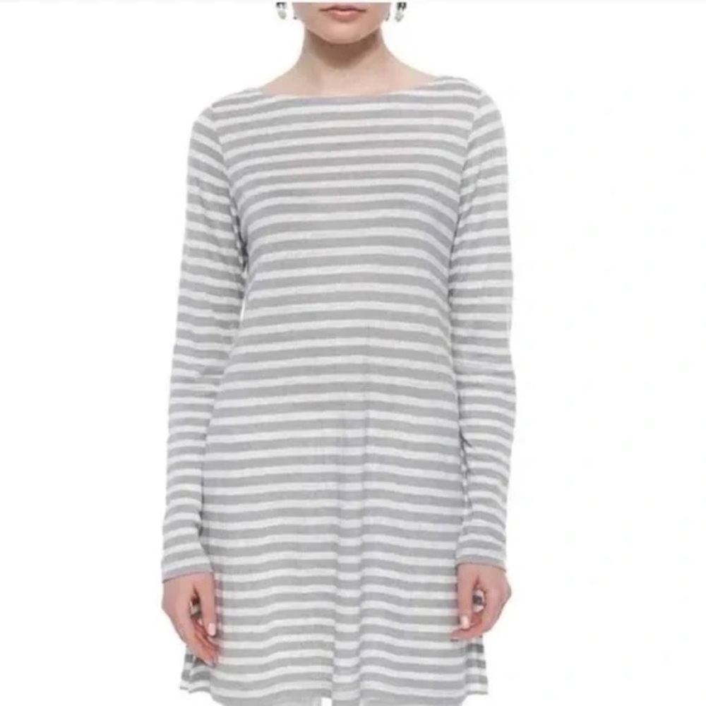 Eileen Fisher Linen Gray White Striped Long Sleeve Dress Tunic sz Petite XL